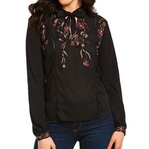 Lucky Brand Mandarin Tie- Neck Floral Embroidered